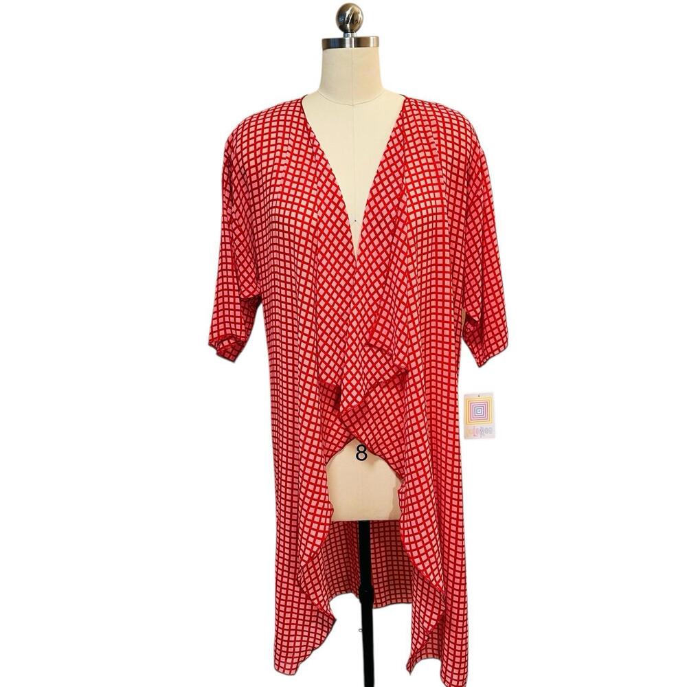 Lularoe Shirley Kimono Duster Jacket Wrap Red Pink Diamond Pattern sz S NWT